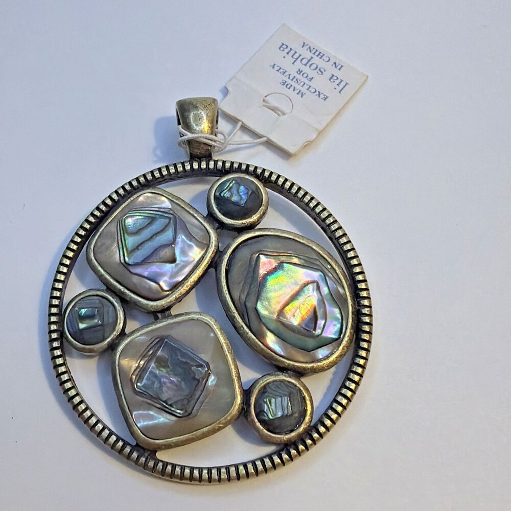 Lia Sophia Mother of Pearl Abalone Mosaic Round Brass Pendant Boho Vintage NWT